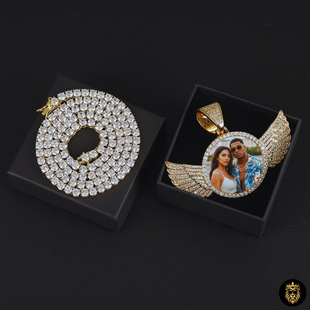 Front view of custom photo medallion necklace with angel wing design