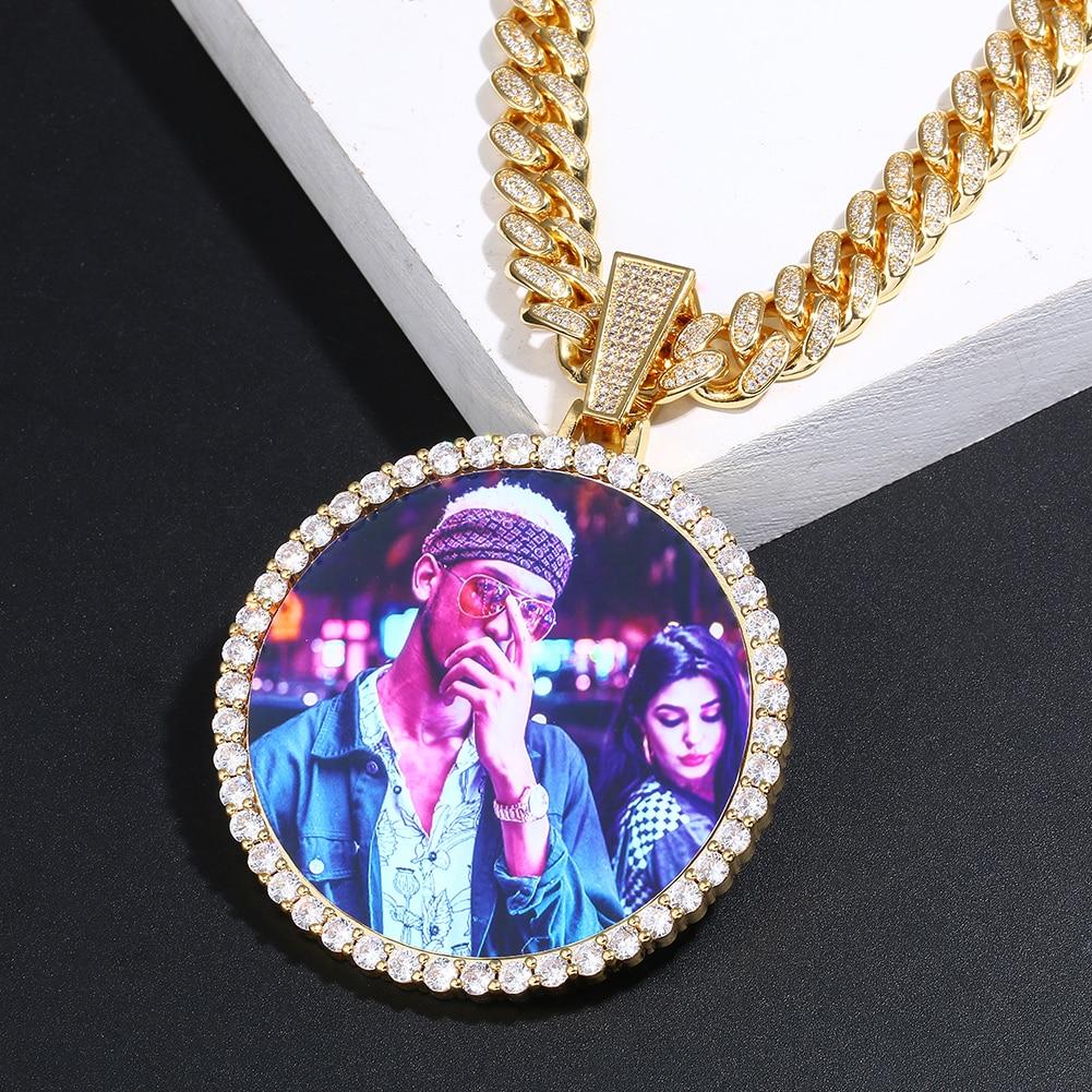 18K Gold Medallion Necklace- 12MM Cuban Chain Photo Medallion Necklace For Men