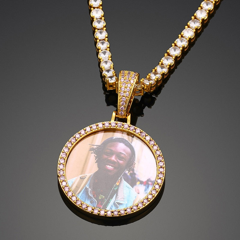 Pink AAA Cubic Zircon Custom Photo Medallion Necklace