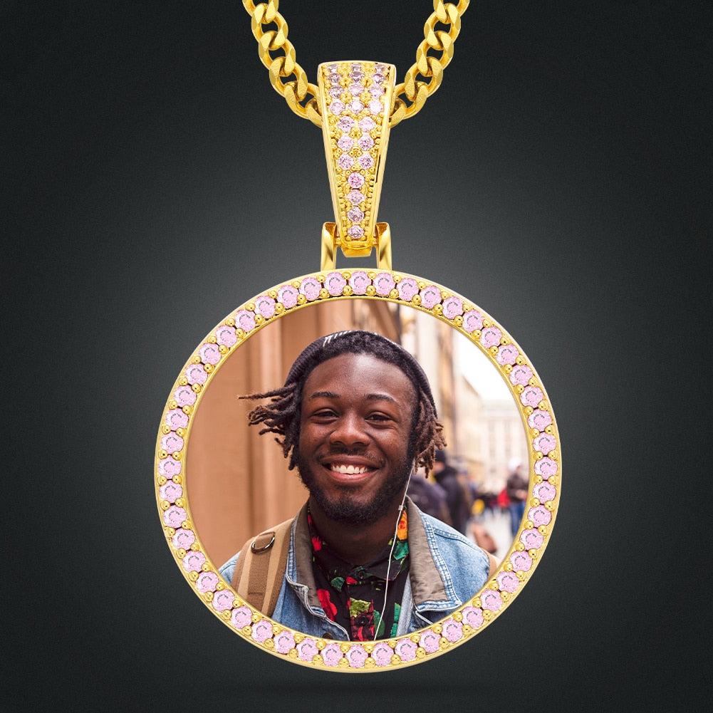 Pink AAA Cubic Zircon Custom Photo Medallion Necklace