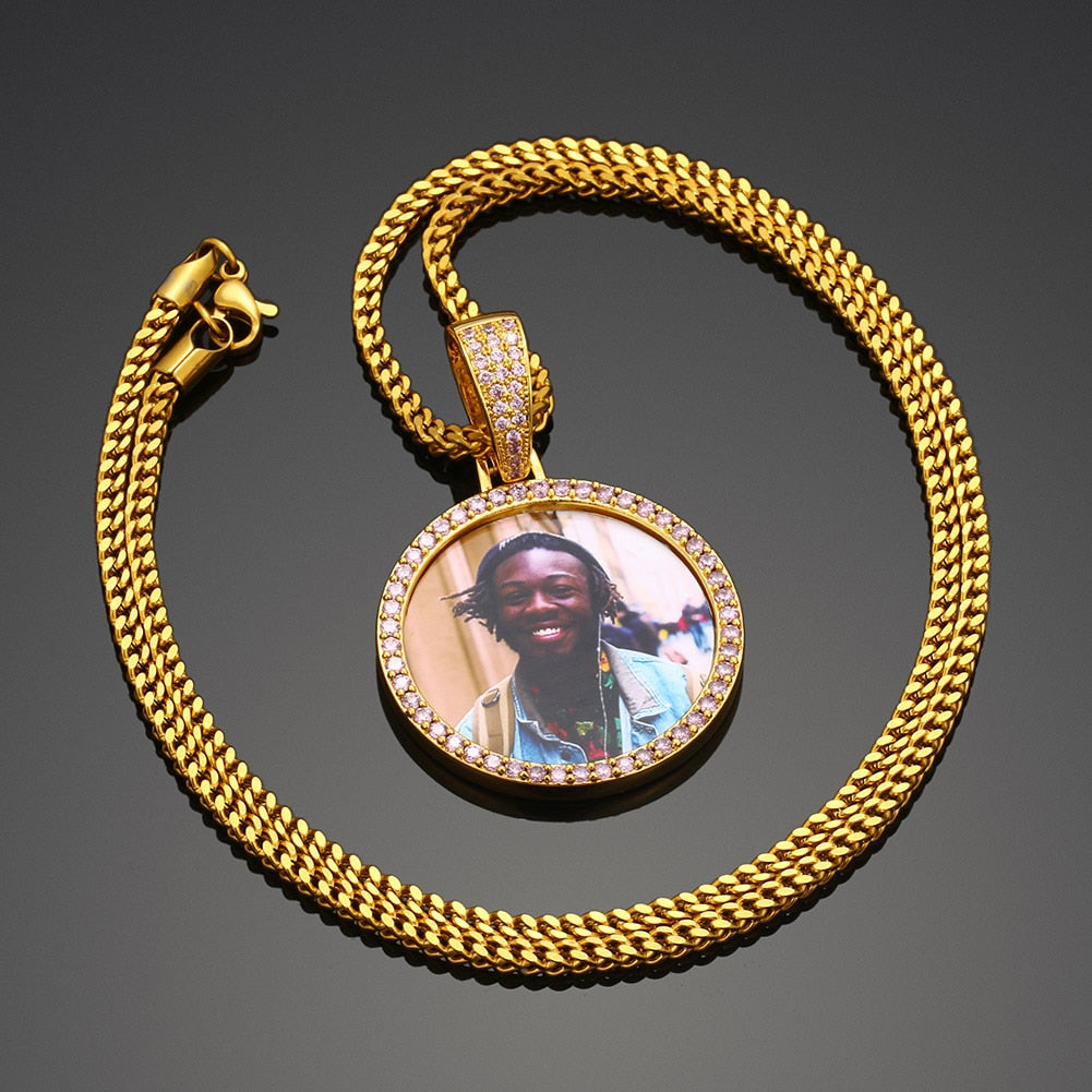 Pink AAA Cubic Zircon Custom Photo Medallion Necklace