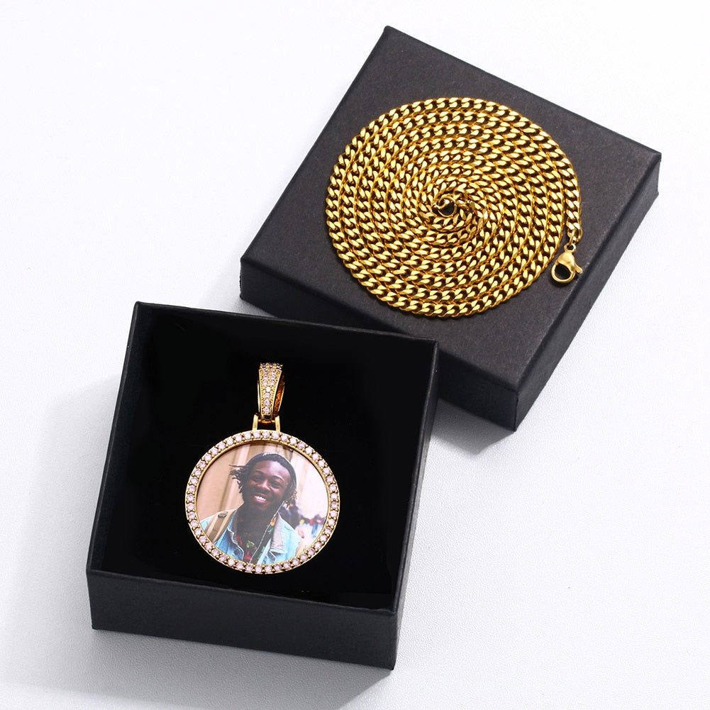 Pink AAA Cubic Zircon Custom Photo Medallion Necklace