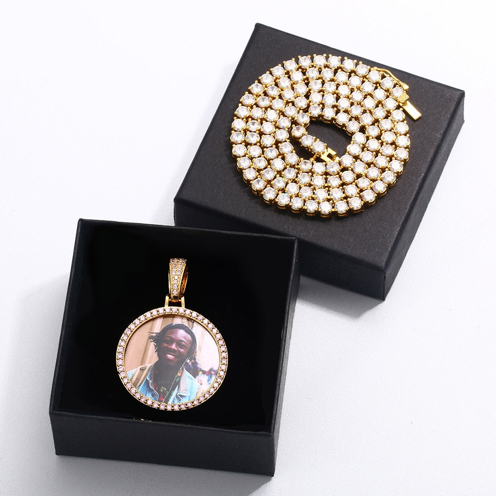 Pink AAA Cubic Zircon Custom Photo Medallion Necklace
