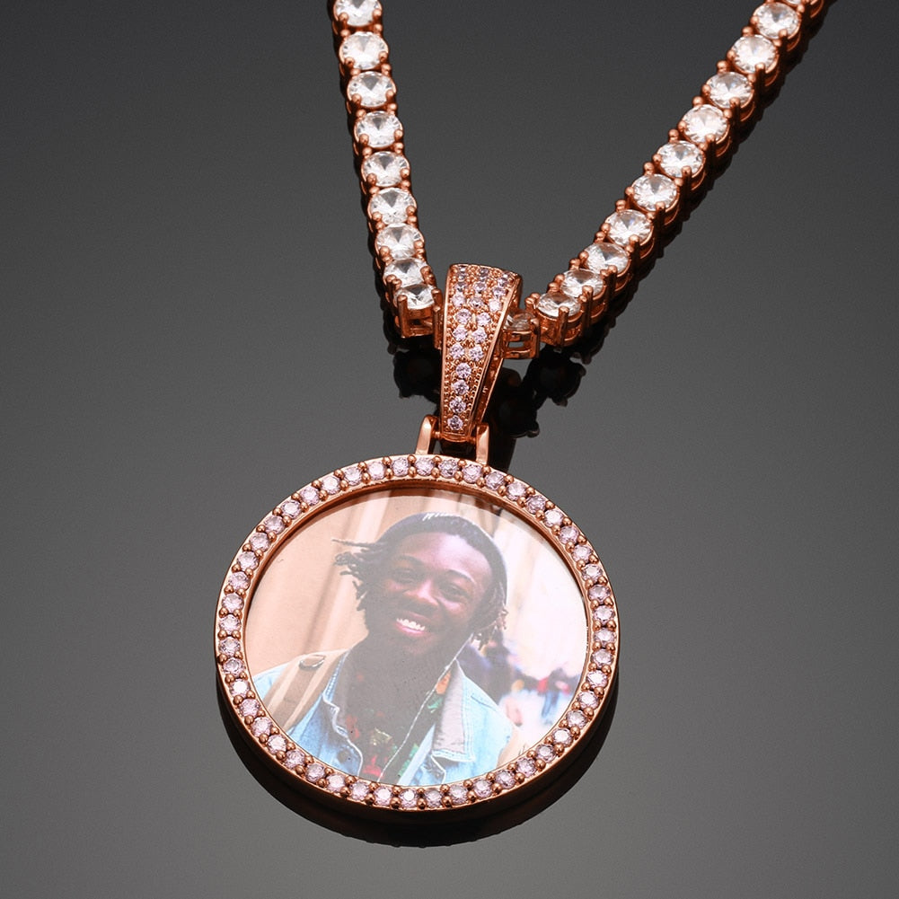 Pink AAA Cubic Zircon Custom Photo Medallion Necklace