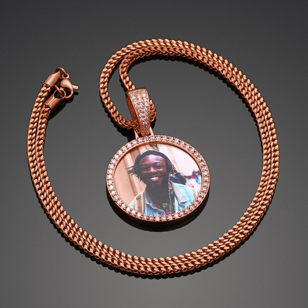 Pink AAA Cubic Zircon Custom Photo Medallion Necklace