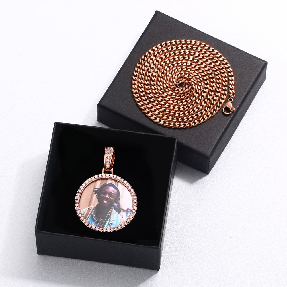 Pink AAA Cubic Zircon Custom Photo Medallion Necklace
