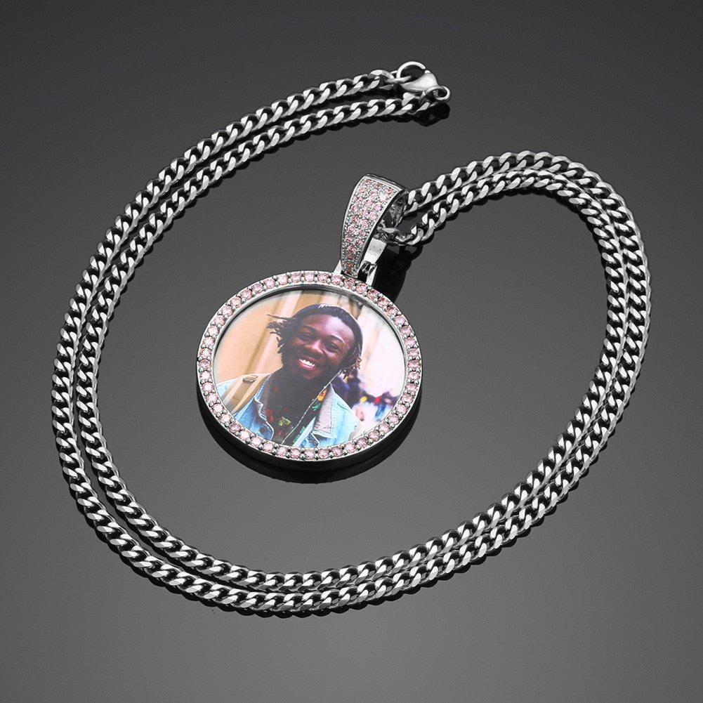 Pink AAA Cubic Zircon Custom Photo Medallion Necklace