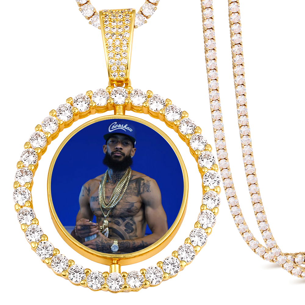 Custom Photo Round Rotated Medallion Memory Pendant Necklace- Golden Medallion Necklace For Men and Women