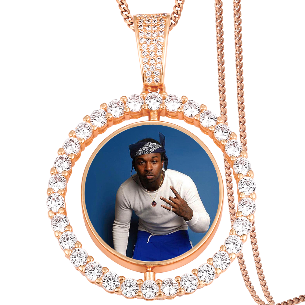 Custom Photo Round Rotated Medallion Memory Pendant Necklace- Rose Gold Medallion Necklace For Men and Women