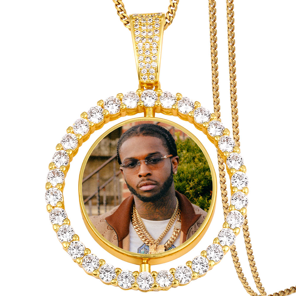 Custom Photo Round Rotated Medallion Memory Pendant Necklace- Golden Medallion Necklace For Men and Women