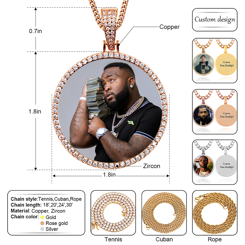 18k Iced Out Rose Gold Medallion Picture Necklace- Personalized Gift For Women