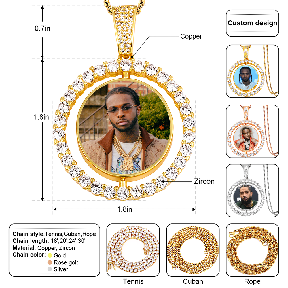 Custom Photo Round Rotated Medallion Memory Pendant Necklace- Golden Medallion Necklace For Men and Women