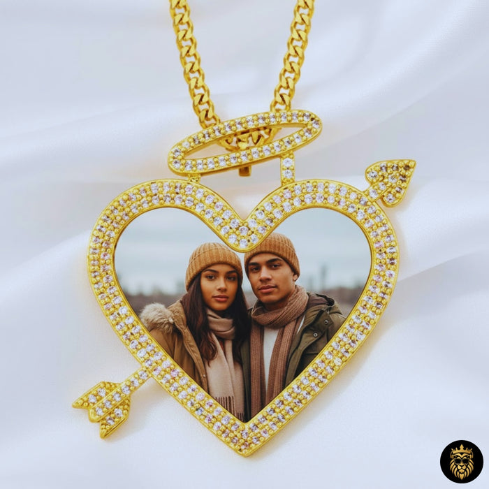 Custom Heart Arrow Picture Pendant Medallion Necklace with Angel Halo – Micro Pave Hip Hop Jewelry