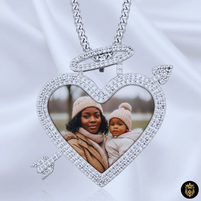 Custom Heart Arrow Picture Pendant Medallion Necklace with Angel Halo – Micro Pave Hip Hop Jewelry