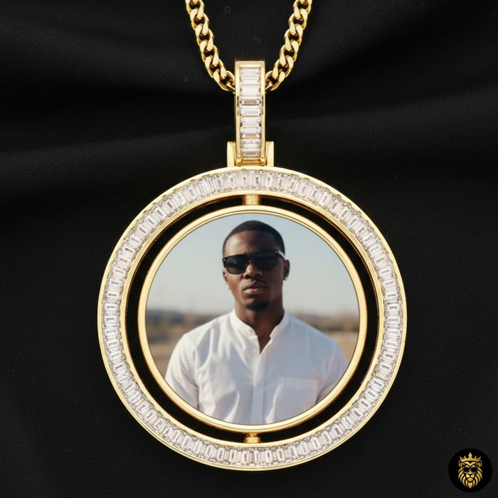 Baguette Custom Photo Rotating Double-Sided Round CZ Hip Hop Pendant Medallion Necklace