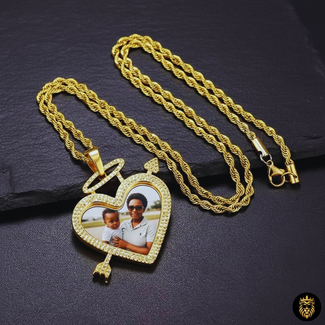 Custom Heart Arrow Photo Necklace – Personalized Picture Medallion Pendant for Men & Women