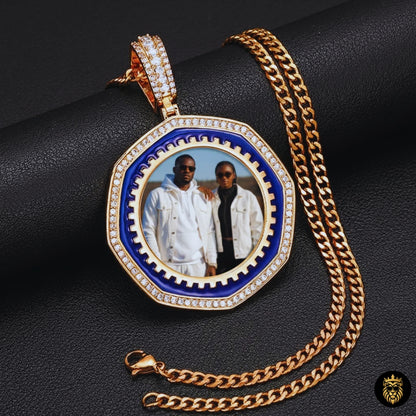 Octagon Custom Photo Medallion Necklace – Fully Iced Moissanite Pendant 925 Sterling Silver
