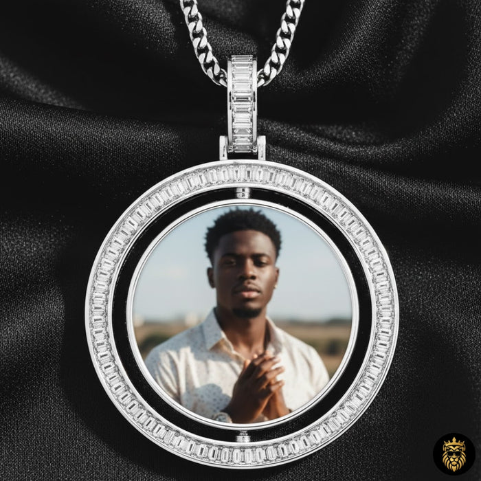 Baguette Custom Photo Rotating Double-Sided Round CZ Hip Hop Pendant Medallion Necklace