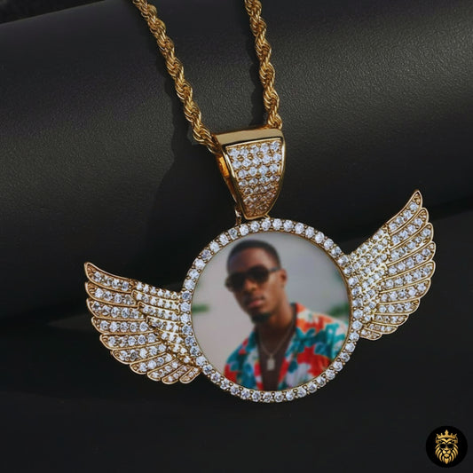 Luxury Custom Photo Angel Wings Pendant Cubic Zircon Hip Hop Medallion Necklace