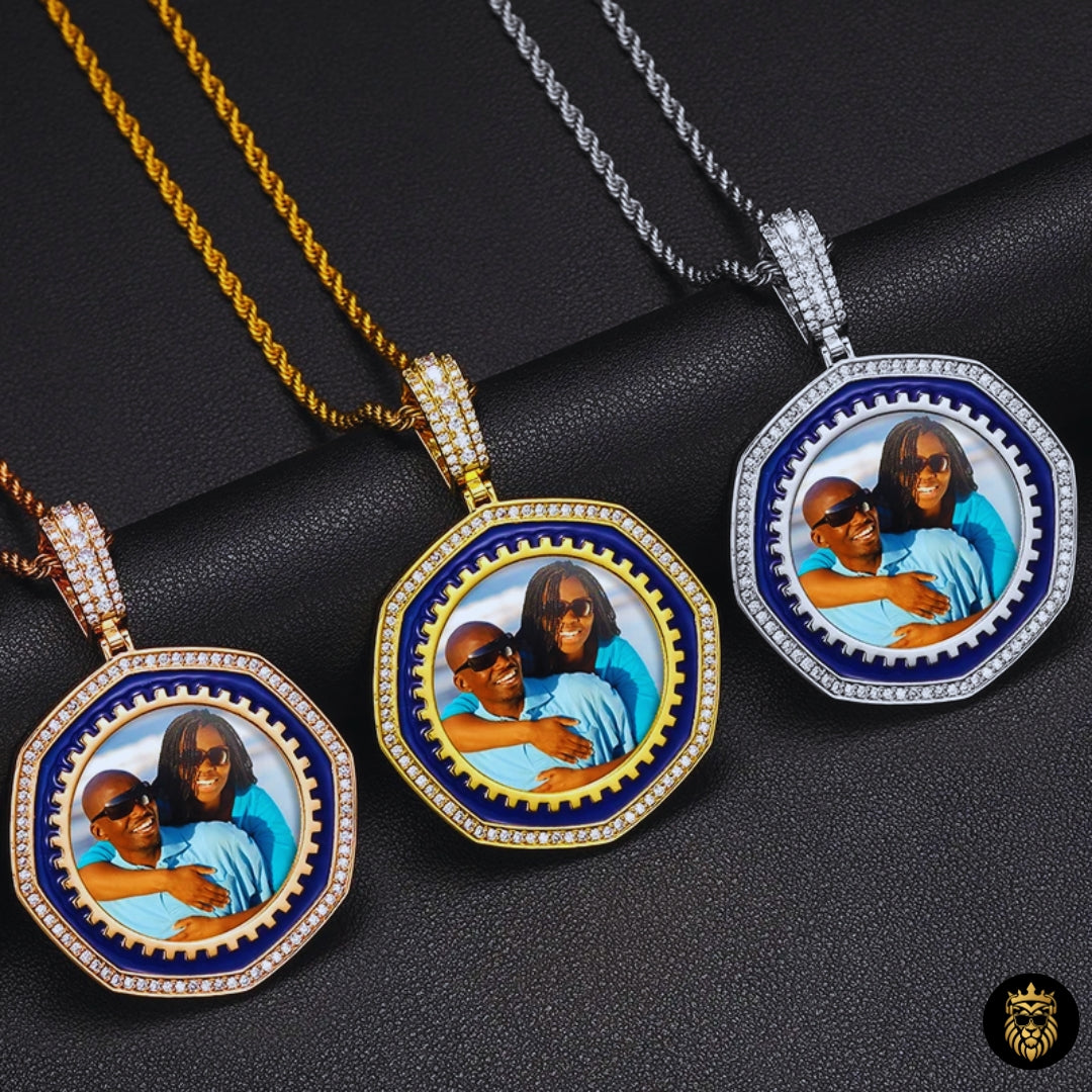 Octagon Custom Photo Medallion Necklace – Fully Iced Moissanite Pendant 925 Sterling Silver