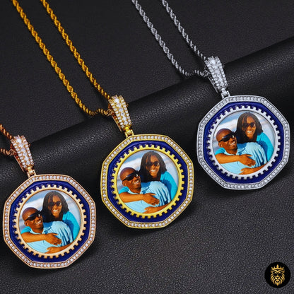 Octagon Custom Photo Medallion Necklace – Fully Iced Moissanite Pendant 925 Sterling Silver