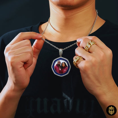 Octagon Custom Photo Medallion Necklace – Fully Iced Moissanite Pendant 925 Sterling Silver