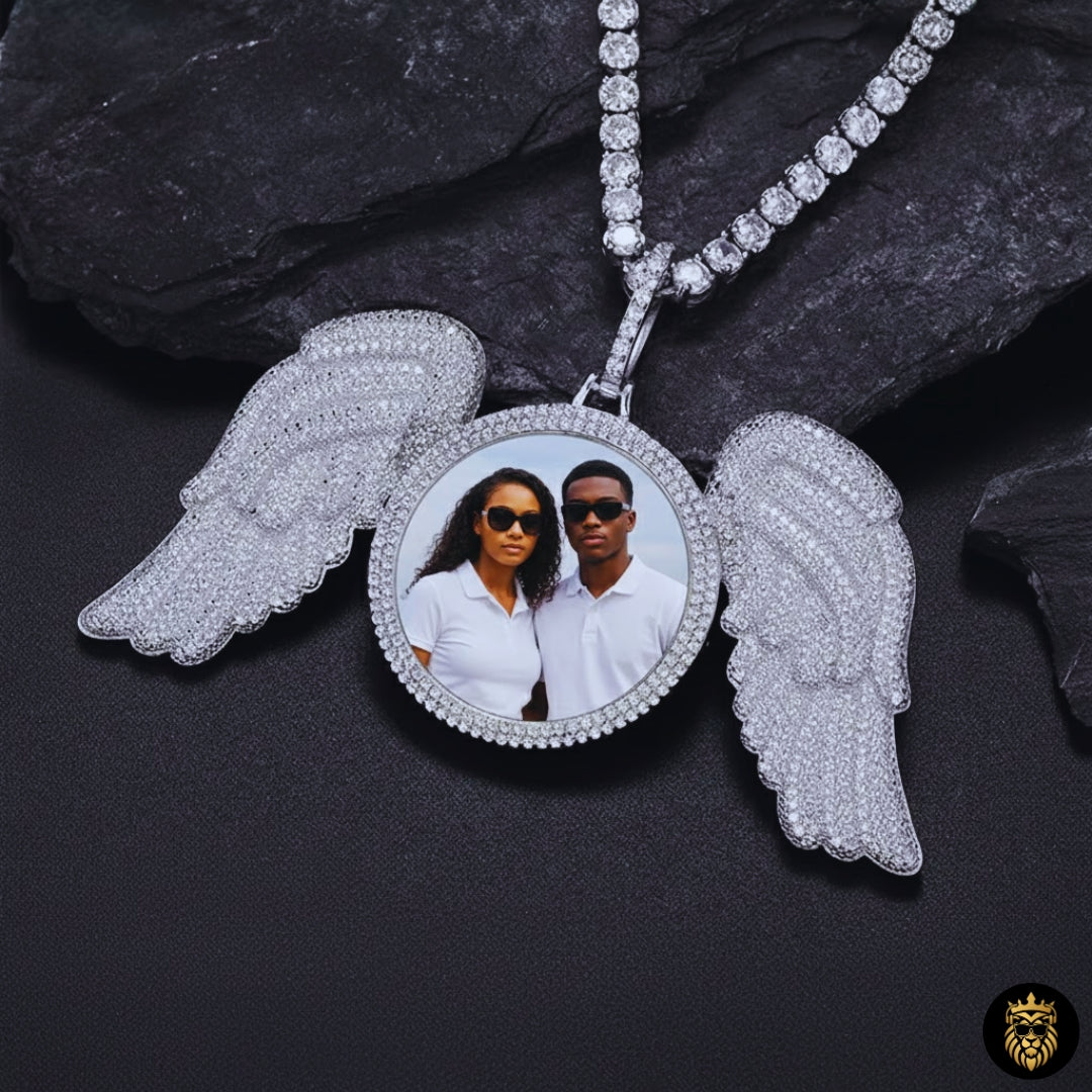 Sterling silver angel wing memorial necklace with personalized picture

