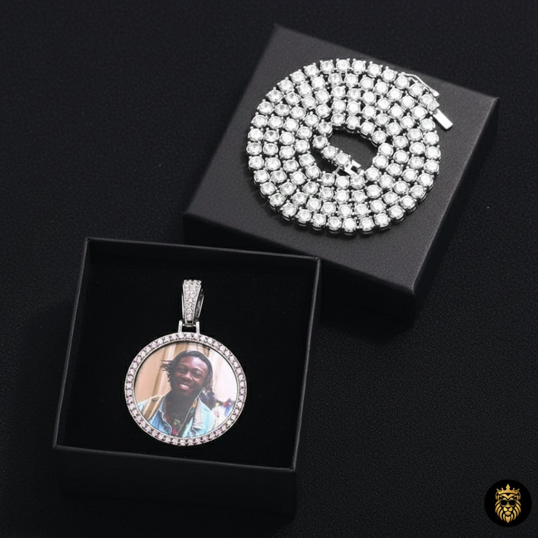 Close-up of pink cubic zircon custom picture necklace