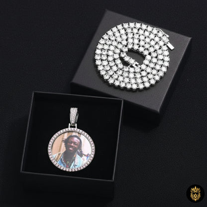 Close-up of pink cubic zircon custom picture necklace