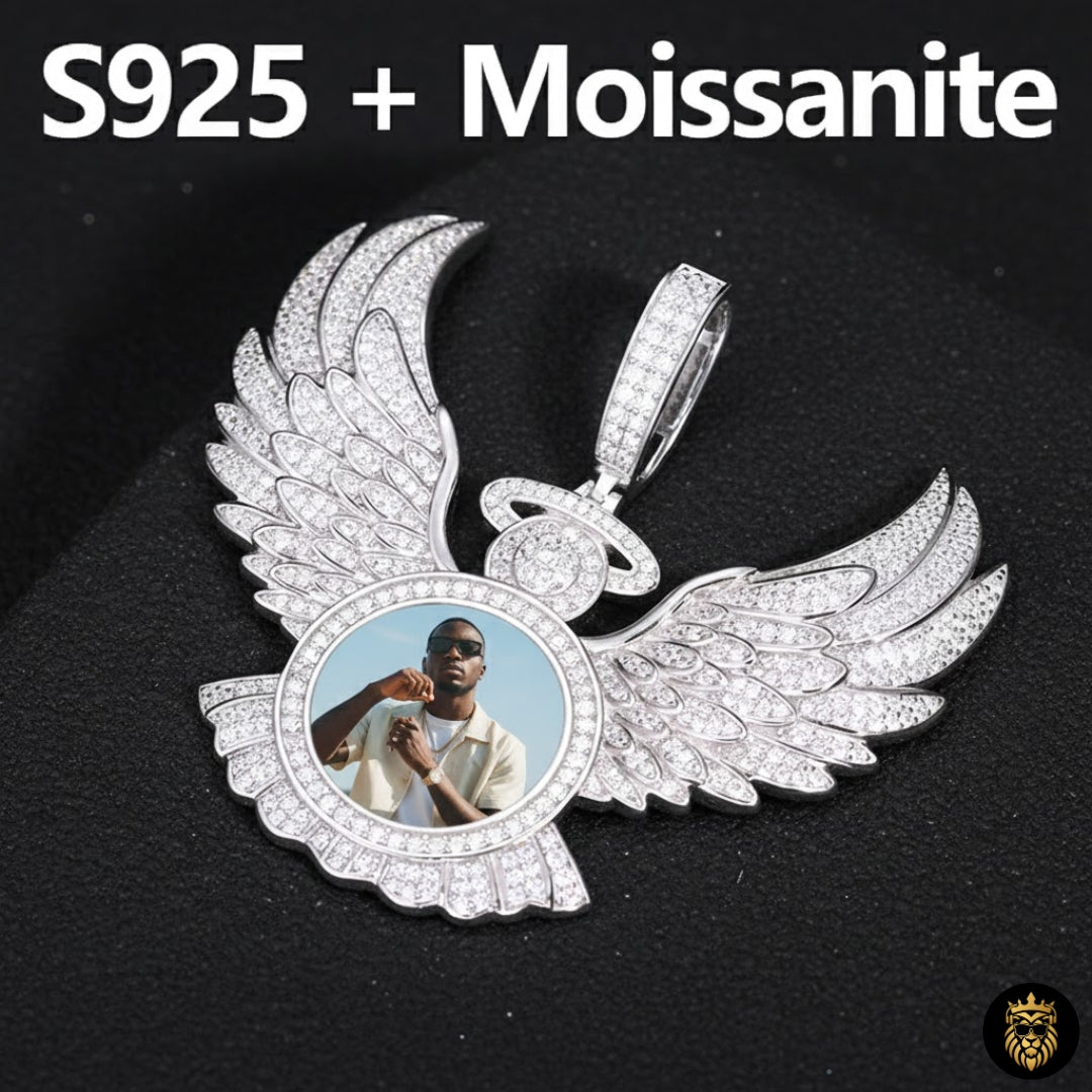 Memorial angel wing photo necklace with hip hop chain styling
