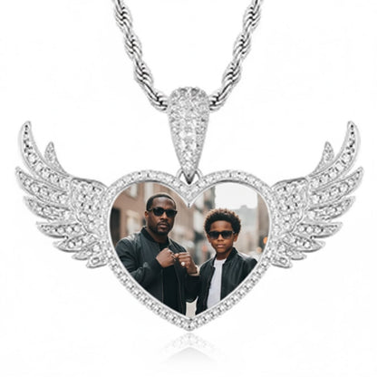 Gold angel wings heart shaped custom photo pendant necklace with chain
