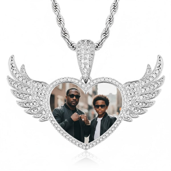 Gold angel wings heart shaped custom photo pendant necklace with chain

