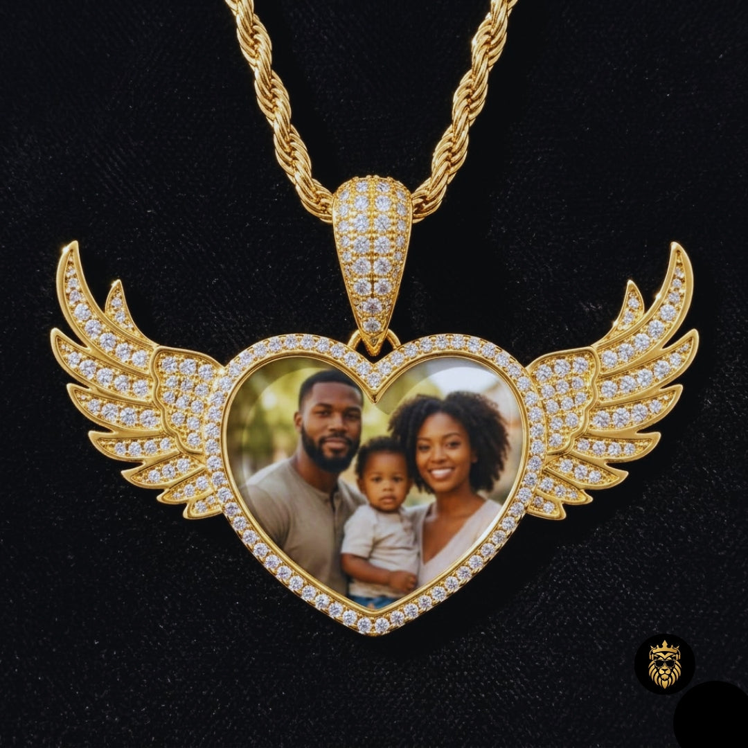 Angel Wings Heart Custom Photo Pendant Necklace – Personalized Medallion Jewelry