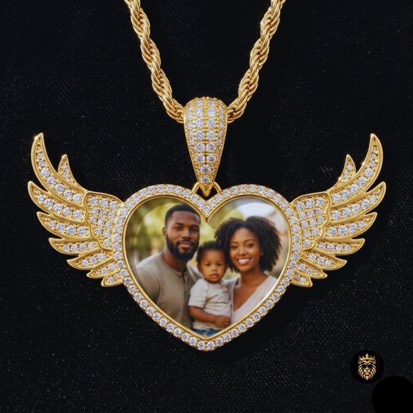 Angel Wings Heart Custom Photo Pendant Necklace – Personalized Medallion Jewelry