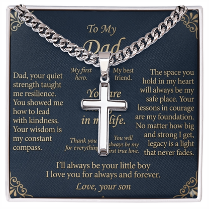 Close-up front view of artisan cross necklace with Cuban link chain