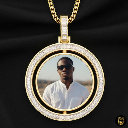Gold baguette custom photo rotating round pendant necklace shown in close-up studio lighting
