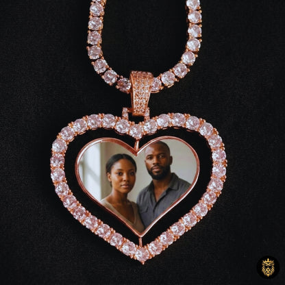 Custom Big Heart Rotating Photo Pendant Necklace – Iced Out Hip Hop Gold Photo Medallion Jewelry
