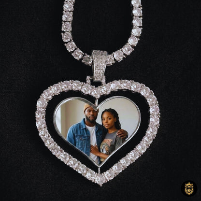 Custom Big Heart Rotating Photo Pendant Necklace – Iced Out Hip Hop Gold Photo Medallion Jewelry