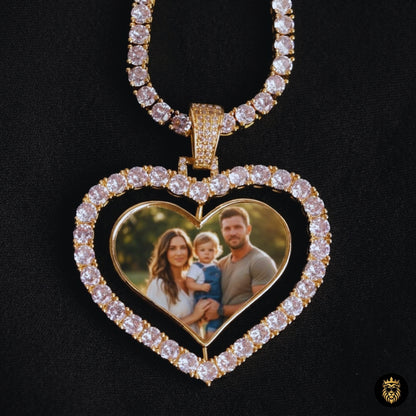 Custom Big Heart Rotating Photo Pendant Necklace – Iced Out Hip Hop Gold Photo Medallion Jewelry