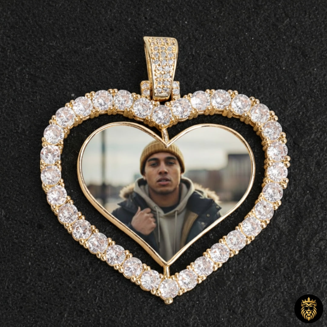 Big heart rotating photo pendant necklace with iced out design and gold plating
