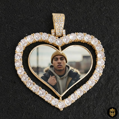 Big heart rotating photo pendant necklace with iced out design and gold plating
