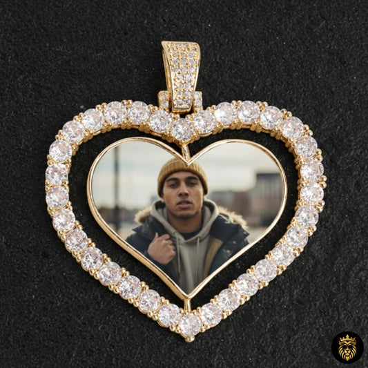 Big heart rotating photo pendant necklace with iced out design and gold plating
