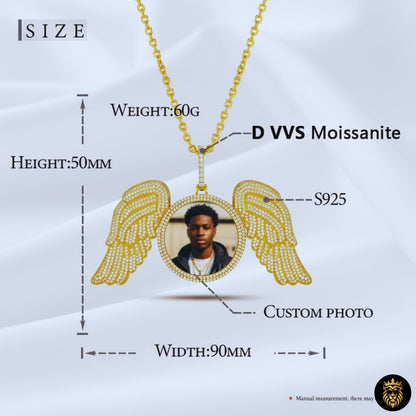 Luxury custom memorial photo pendant with angel wings detail
