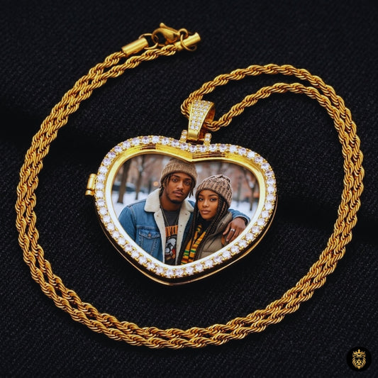 Diamond-styled iced heart photo necklace with luxury gold plating