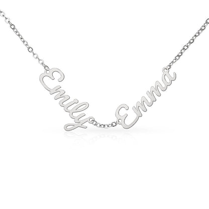 Close-up view of engraved multiple names on personalized family necklace pendant