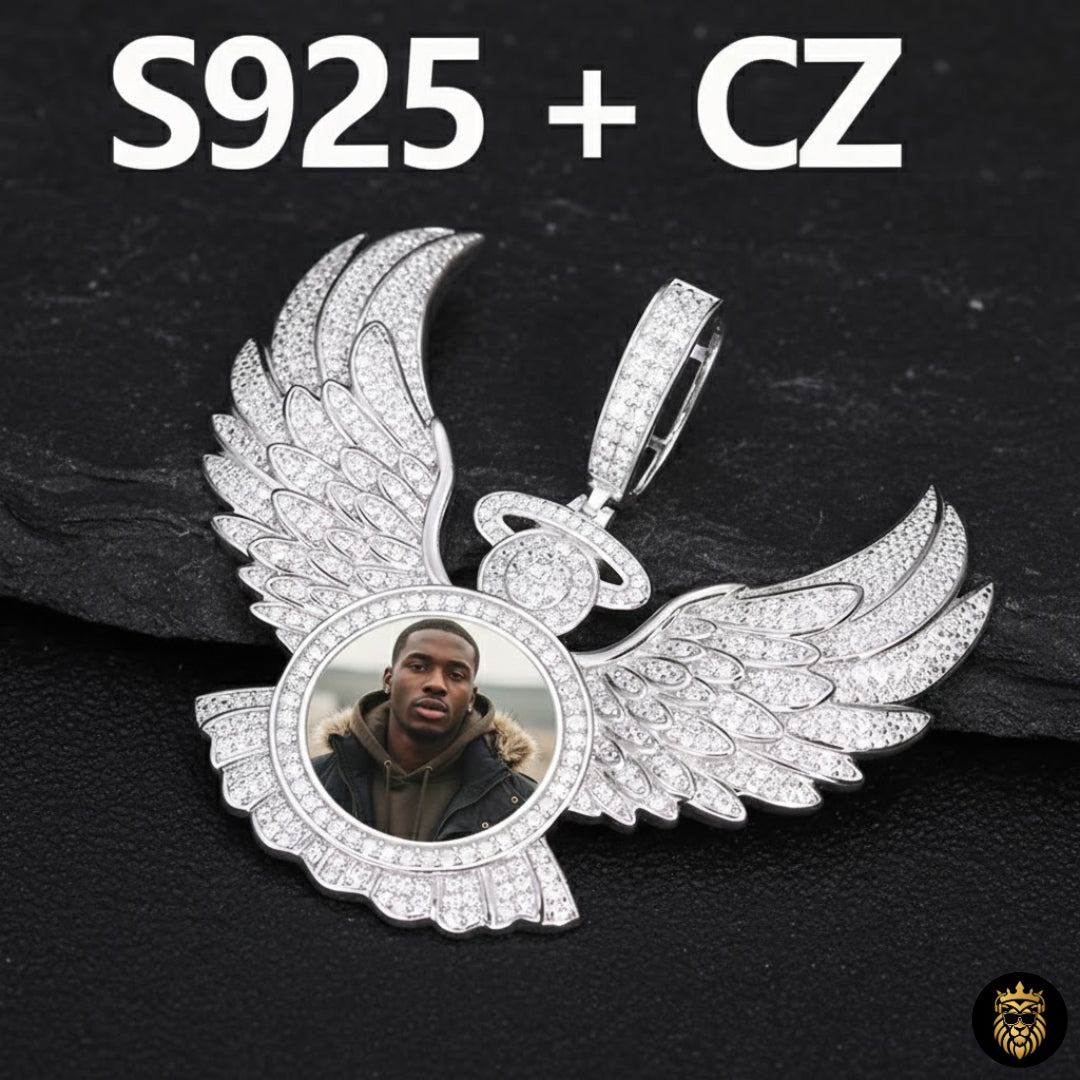 Detailed view of iced-out custom picture pendant necklace with sparkle finish
