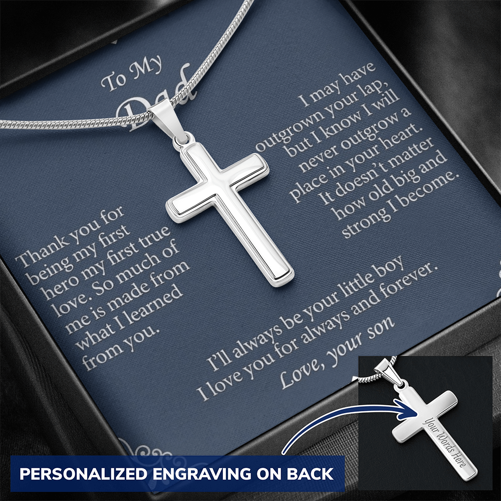 Detailed view of engraved cross pendant necklace for father