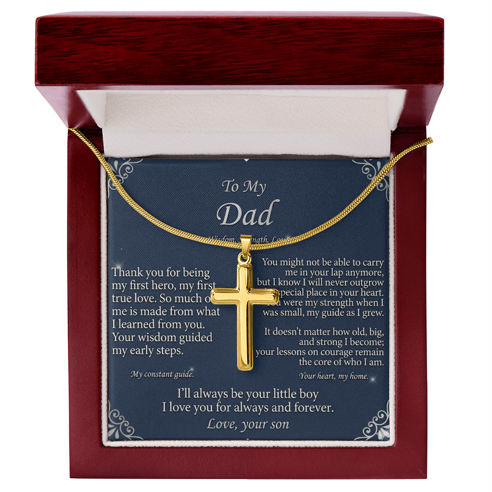 Front view of artisan cross pendant necklace highlighting clean and polished design