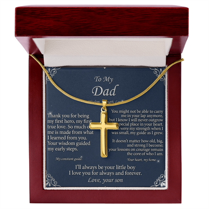 Front view of artisan cross pendant necklace highlighting clean and polished design