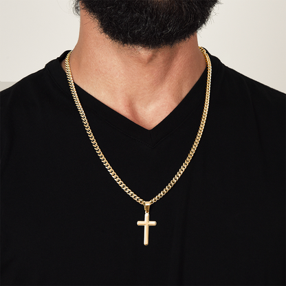 Cross necklace displayed on minimal background